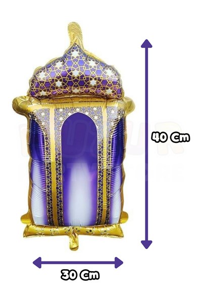 Mor Gold Fener Ramazan Folyo Balon İslami Motifli Kandil Süsü 40x30 Cm Hoşgeldin Ramazan Temalı Süs