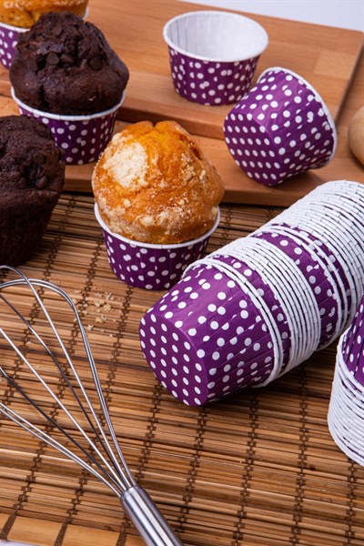 Mor Puantiyeli 50li Kek Kalıbı Fırında Dağılmayan 7x3.5 Cm Muffin Kalıbı Cupcake Stand Kapsülü