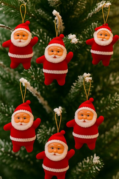 Noel Baba Yılbaşı Çam Ağacı Süsü 6lı 5 Cm Kırmızı Renk Kıyafetli Beyaz Sakallı Yeni Yıl Süsü