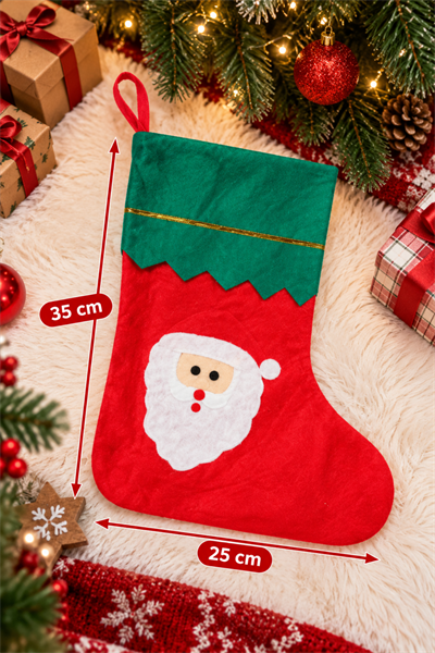 Noel Baba Yılbaşı Çorap 25x35 cm Kırmızı Yeşil Renkli Yeni Yıl Çam Ağacı Asmalık Asılan Dekor Süs