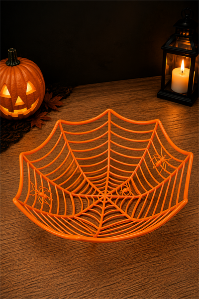 Örümcek Ağı Motifli Sunum Kasesi Turuncu  Halloween Cadılar Bayramı Şekerlik Parti Dekor Aksesuarı