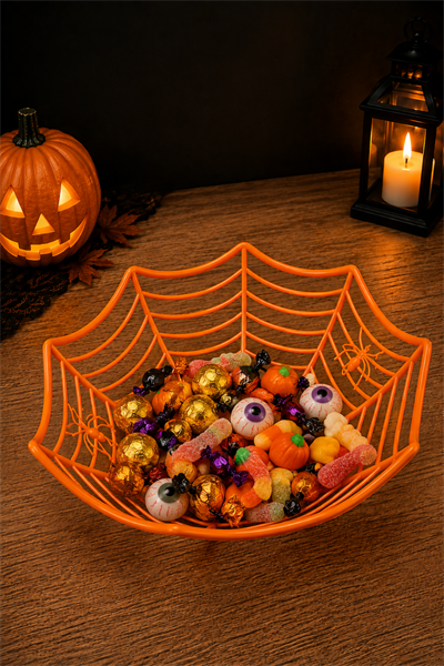Örümcek Ağı Motifli Sunum Kasesi Turuncu  Halloween Cadılar Bayramı Şekerlik Parti Dekor Aksesuarı