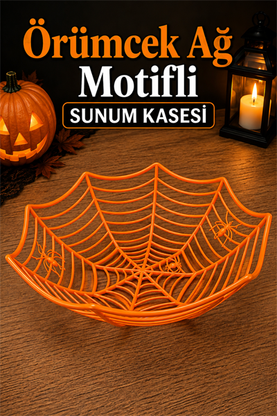Örümcek Ağı Motifli Sunum Kasesi Turuncu  Halloween Cadılar Bayramı Şekerlik Parti Dekor Aksesuarı