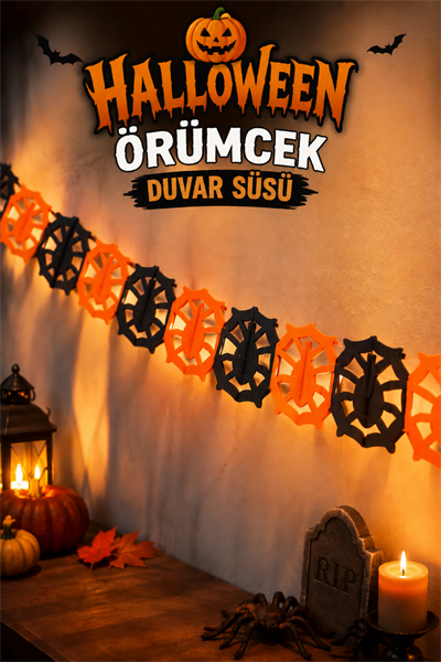 Örümcek Uzar Süs Turuncu Ve Siyah Renkli Halloween Partisi Cadılar Bayramı Konsepti Kağıt 180 Cm