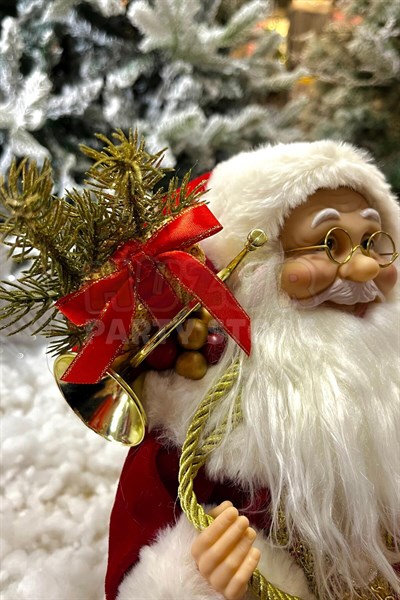 Oturan Noel Baba 45 Cm Kırmızı Kürklü Gold Çanlı Hediye Torbalı Oturabilen Yeni Yıl Yılbaşı Süsü