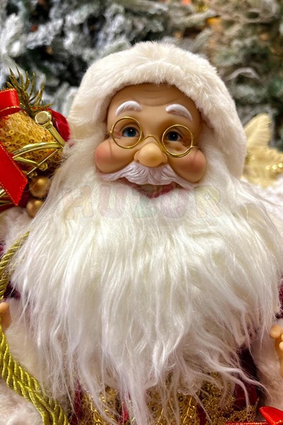 Oturan Noel Baba 45 Cm Kırmızı Kürklü Gold Çanlı Hediye Torbalı Oturabilen Yeni Yıl Yılbaşı Süsü