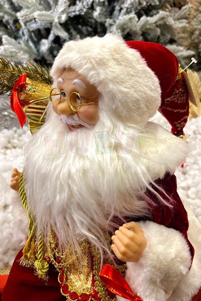 Oturan Noel Baba 45 Cm Kırmızı Kürklü Gold Çanlı Hediye Torbalı Oturabilen Yeni Yıl Yılbaşı Süsü