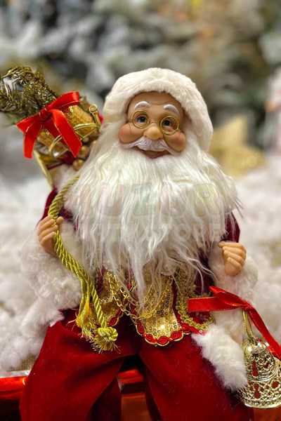 Oturan Noel Baba 45 Cm Kırmızı Kürklü Gold Çanlı Hediye Torbalı Oturabilen Yeni Yıl Yılbaşı Süsü