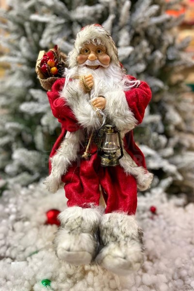 Oturan Noel Baba 45 Cm Kırmızı Kürklü Gaz Lambası Hediye Dolu Torba Detaylı Oturabilen Yılbaşı Dekor