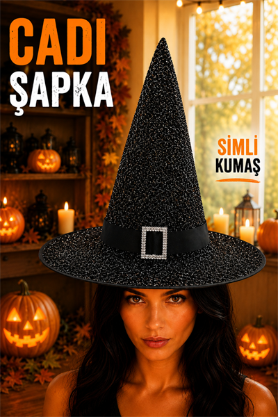 Parıltılı Halloween Cadı Şapkası Siyah Renk Kemerli Taş Detaylı Cadılar Bayramı Parti Aksesuarı