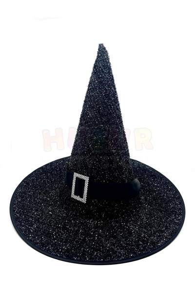 Parıltılı Halloween Cadı Şapkası Siyah Renk Kemerli Taş Detaylı Cadılar Bayramı Parti Aksesuarı