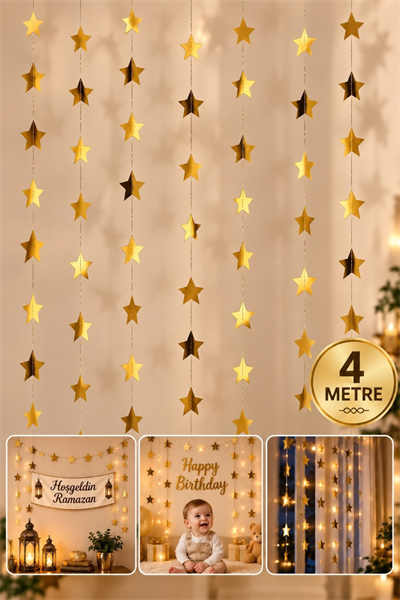 Parlak Yıldız Gold Altın Süs İpe Dizili 4 Metre Uzayan Parti Ramazan Bayramı Süsü Arka Fon Dekor