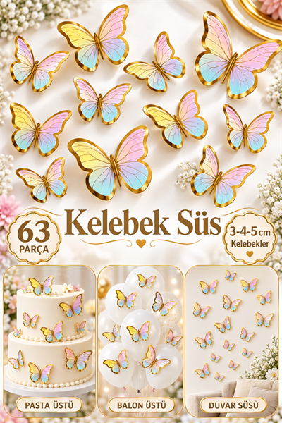 Pasta ve Balon Zinciri Süsü Makaron Renkli Kelebek 63 Parça 4-6 Cm Gold Yaldızlı Sert Karton Parti