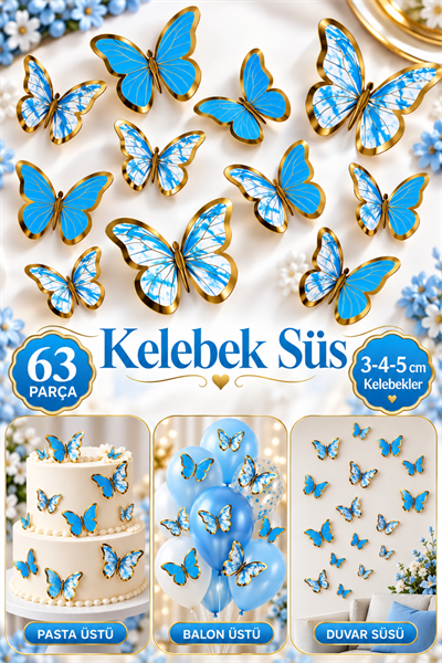 Pasta ve Balon Zinciri Süsü Mavi Kelebek 63 Parça 4-6 Cm Parlak Gold Yaldızlı Sert Karton Parti Süs