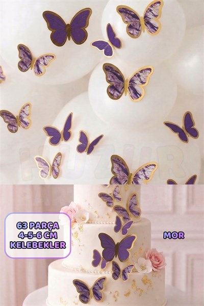 Pasta ve Balon Zinciri Süsü Mor Kelebek 63 Parça 4-6 Cm Parlak Gold Yaldızlı Sert Karton Parti Süs