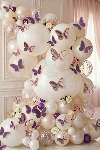 Pasta ve Balon Zinciri Süsü Mor Kelebek 63 Parça 4-6 Cm Parlak Gold Yaldızlı Sert Karton Parti Süs