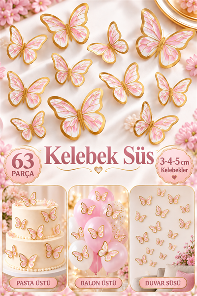 Pasta ve Balon Zinciri Süsü Pembe Kelebek 63 Parça 4-6 Cm Gold Yaldızlı Sert Karton Parti Süs