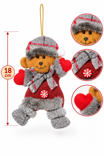 Peluş Sevimli Ayıcık Yılbaşı Ağacı Asmalık 18 cm Süs Kırmızı Gri