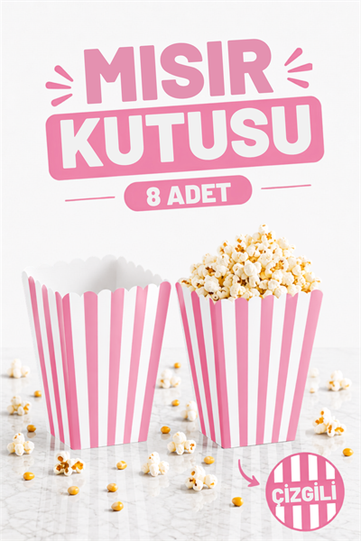 Pembe Çizgili Beyaz Mısır Kutusu 8li Karton Cips Kutusu 8 Adet Pop Corn Darı Kabı