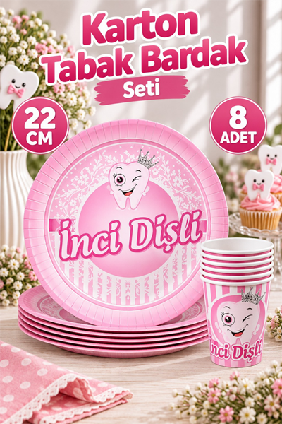 Pembe Diş Tabak Bardak 8 Adet İnci Dişli Yazılı İlk Dişim Çıktı Buğdayı Partisi Erkek Konsepti 22 Cm