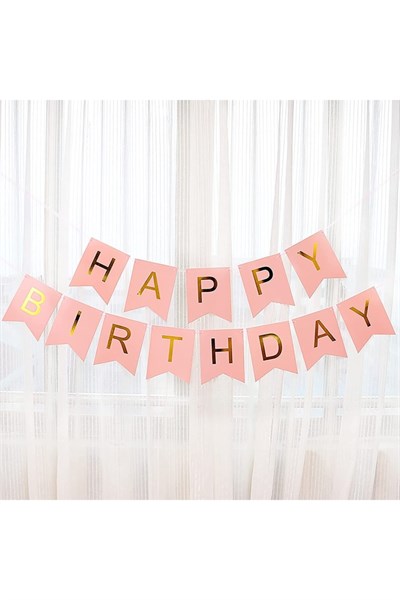 Pembe Gold Yaldızlı Happy Birthday Banner Doğum Günü Yazısı Ve 5 Adet Gold Konfetili Şeffaf Balon