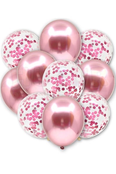 Pembe Konfetili Şeffaf Ve Pembe Krom Balon Seti 20 Adet 30 Cm Içi Gözüken Pullu Balon Pulu Parti