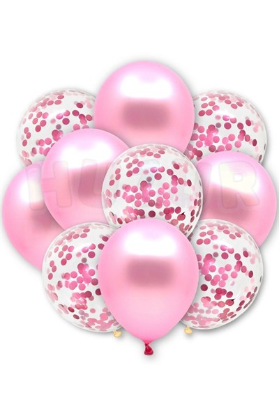 Pembe Konfetili Şeffaf Ve Pembe Metalik Balon Seti 20 Adet 30 Cm Içi Gözüken Pullu Balon Pulu Parti