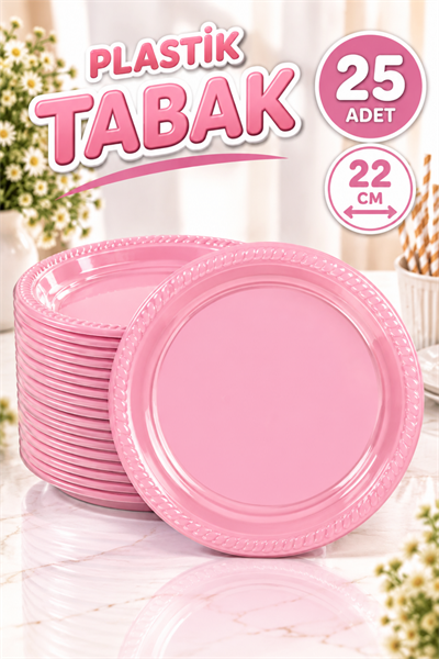 Pembe Renginde 22cm 25li Parlak Tabak Renkli Dayanıklı Plastik Doğum Günü Parti Tabağı