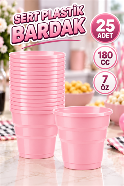 Pembe Renk 25 Li Plastik Bardak 180 Cc 7 Oz Sert Doğum Günü Partisi Meşrubat Bardağı
