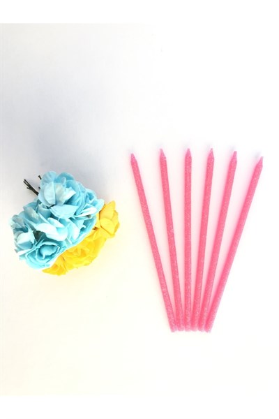 Pembe Renkli 14 Cm Simli Göz Alıcı Ince Kibar Işıl Işıl 6 Lı Doğum Günü Parti Pasta Kek Mumu