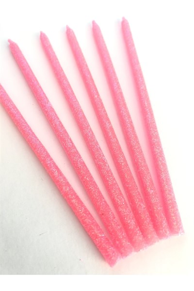 Pembe Renkli 14 Cm Simli Göz Alıcı Ince Kibar Işıl Işıl 6 Lı Doğum Günü Parti Pasta Kek Mumu