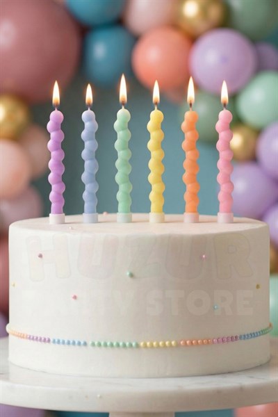 Pıtırcıklı Makaron Renkli Mum 6 Adet 9 Cm Doğum Günü Pasta Mumu Boncuk Pastel Soft Renk Parti Süsü