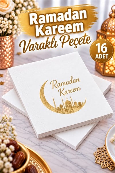 Ramadan Kareem Gold Yaldızlı Peçete 16lı 16x16 Cm Altın Varaklı Ramazan Bayram Temalı Dini Süsü