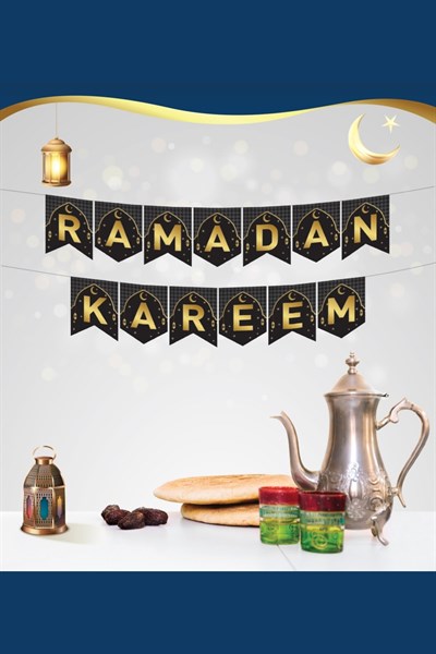 Ramadan Kareem Yazılı Banner Siyah Gold Renkli 200x17 Cm Altın Renginde Dini Ramazan Bayramı Süsü Gb