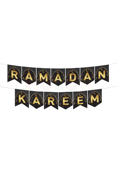 Ramadan Kareem Yazılı Banner Siyah Gold Renkli 200x17 Cm Altın Renginde Dini Ramazan Bayramı Süsü Gb