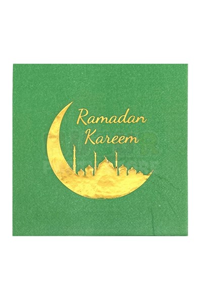 Ramadan Kareem Yeşil Gold Yaldızlı Peçete 16 Adet 16x16 Cm Altın Varaklı Ramazan Bayramı Dini Süsü
