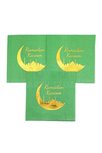 Ramadan Kareem Yeşil Gold Yaldızlı Peçete 16 Adet 16x16 Cm Altın Varaklı Ramazan Bayramı Dini Süsü