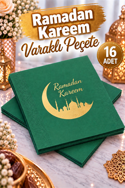Ramadan Kareem Yeşil Gold Yaldızlı Peçete 16 Adet 16x16 Cm Altın Varaklı Ramazan Bayramı Dini Süsü