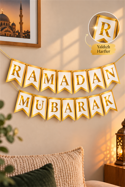 Ramadan Mubarak Banner Yaldızlı Harf Duvar Süsü İpli Asma Dekor İftar Bayram Ev Süslemesi  Gold
