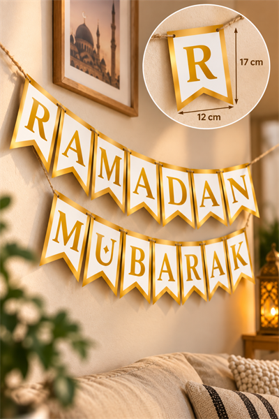 Ramadan Mubarak Banner Yaldızlı Harf Duvar Süsü İpli Asma Dekor İftar Bayram Ev Süslemesi  Gold