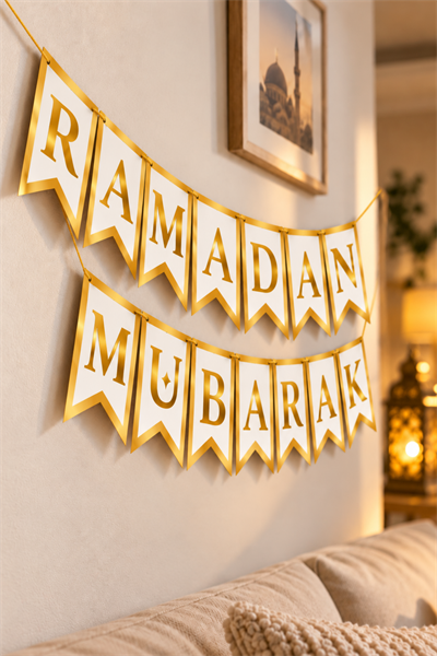 Ramadan Mubarak Banner Yaldızlı Harf Duvar Süsü İpli Asma Dekor İftar Bayram Ev Süslemesi  Gold