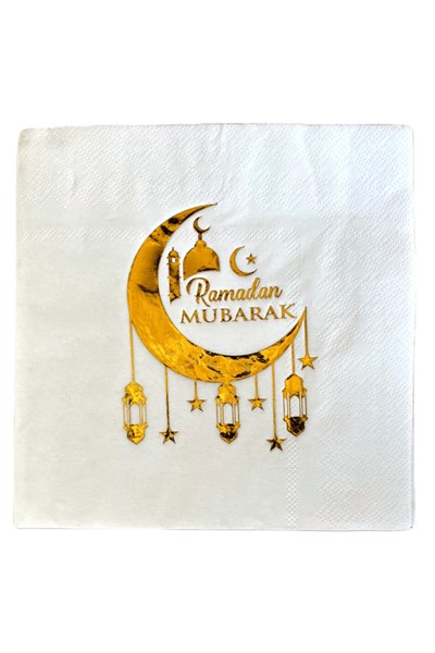 Ramadan Mubarak Gold Yaldızlı Peçete 16lı 16x16 cm Altın Varaklı Ramazan Bayram Temalı Dini Süsü