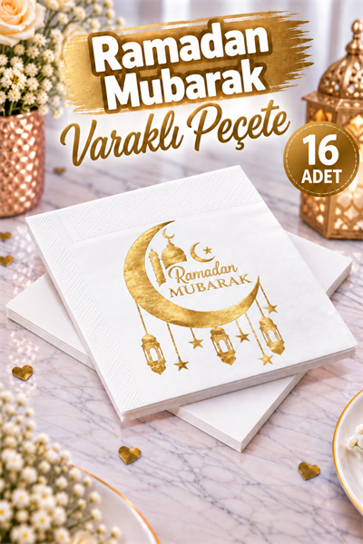 Ramadan Mubarak Gold Yaldızlı Peçete 16lı 16x16 cm Altın Varaklı Ramazan Bayram Temalı Dini Süsü