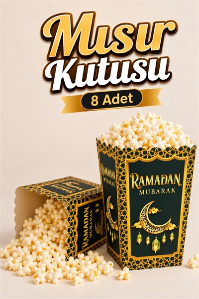 Ramadan Mubarak Yazılı Mısır Kutusu 8 Adet 8x12 Cm Pop Corn Darı Kabı Ramazan Bayramı Cips Kutusu