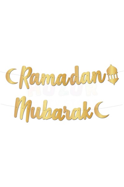 Ramadan Mubarak Yazısı Kaligrafi Banner Gold Renkli 200x20 Cm Ramazan Bayramı Altın Renginde Süs Gb