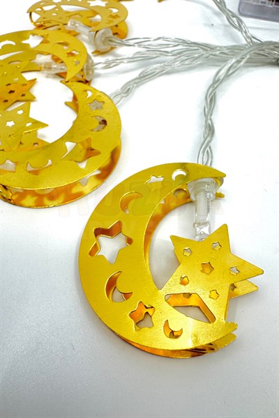 Ramazan Ay Yıldız Figürlü Metal Led Işık Süsü Gold 2 Metre 10 Ledli Günışığı Sarı Pilli Fonksiyonlu