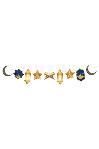 Ramazan Bayramı Dekoratif Asmalık Süs 140 Cm Lacivert Gold Banner Hilal Yıldız Kuran Mahya Cami Tema