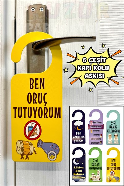Ramazan Bayramı Kapı Kolu Askısı 6 Adet 23x9 Cm Eğlenceli Sahur İftar Askılığı Seçenek Ayar Çubuklu