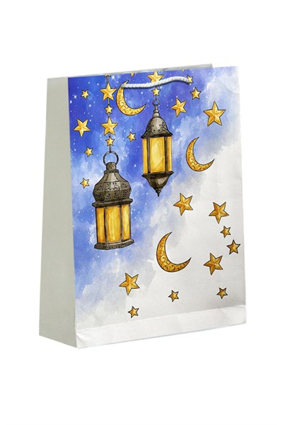 Ramazan Bayramı Karton Çanta Fener Kandil Ay Hilal Yıldız Baskılı 40X26X8 Cm İpli İslami Torba Poşet
