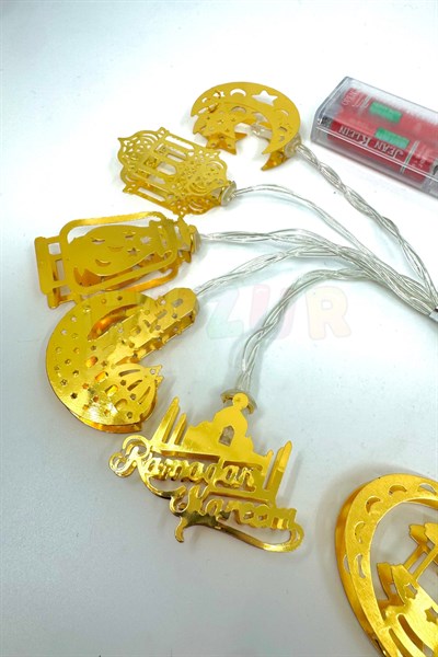 Ramazan Dini Karışık Figür Gold Metal Led Işık Süsü 2 Metre 10 Ledli Günışığı Sarı Pilli Fonksiyonlu